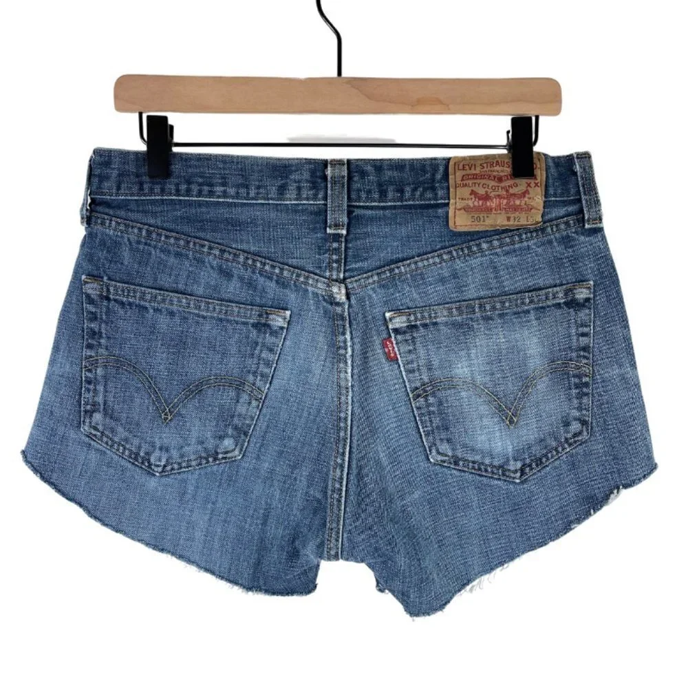 Levis Jean Shorts 30 High Rise Button Fly Raw Hem Cut Off Rigid Denim Casual